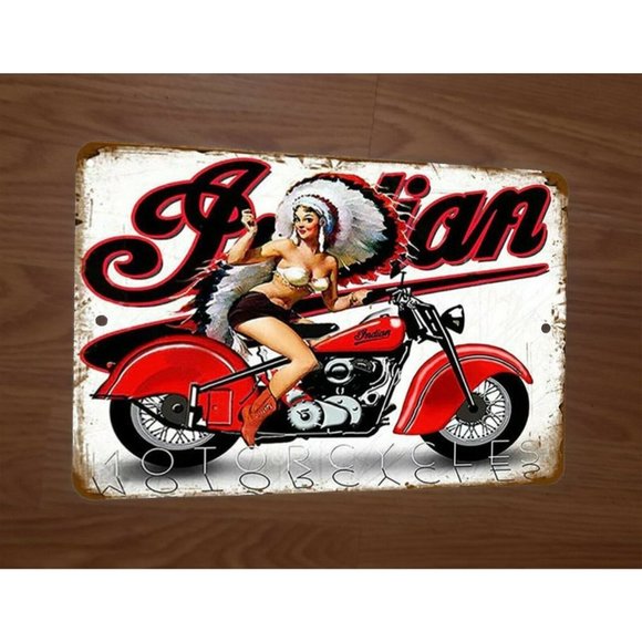 Vintage Look Indian Motorcycles Chief Pinup Girl 8x12 Metal Wall Sign - Picture 1 of 1